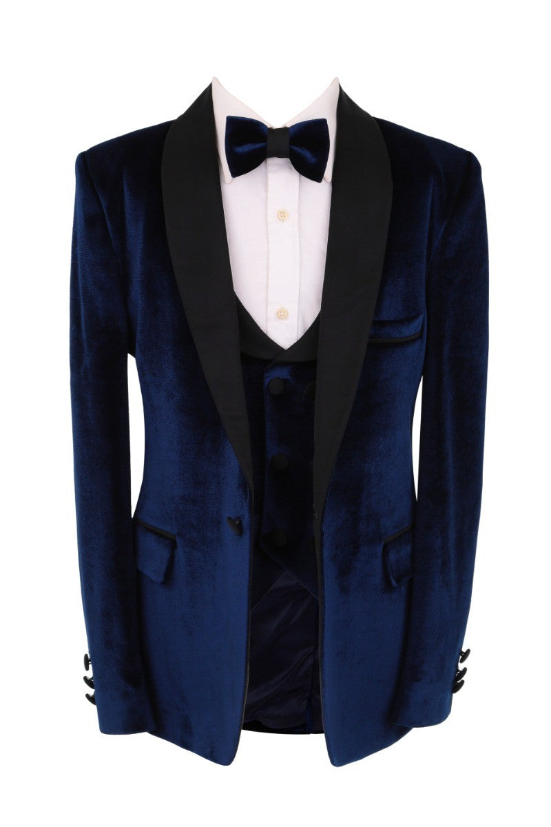 Boys Velvet Tuxedo 5 Piece Dinner Suit - Navy Blue and Black