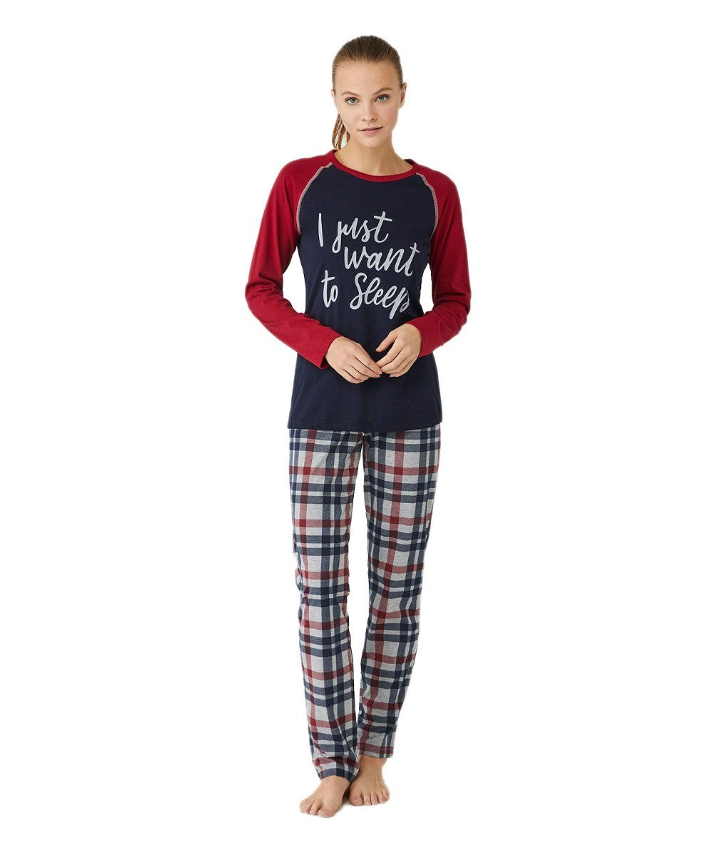 Damen Bequemer Navy & Bordeaux Pyjama - Bordeaux - Navyblau