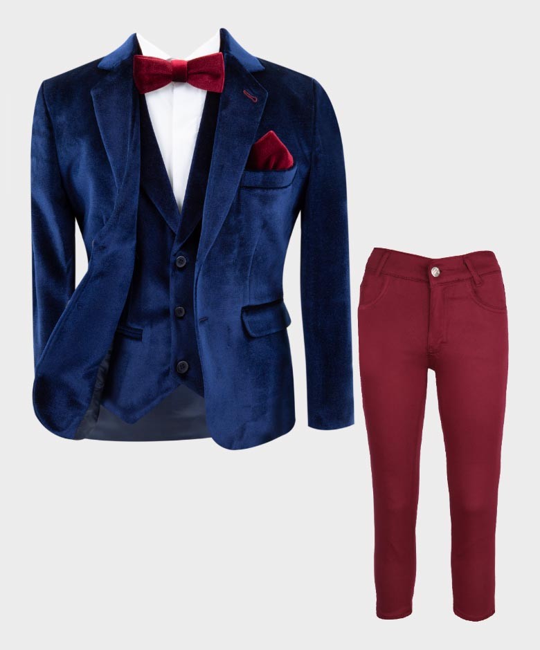 Costume en Velours Tailored Fit avec Patte de Coude pour Garçons - Bleu Marine