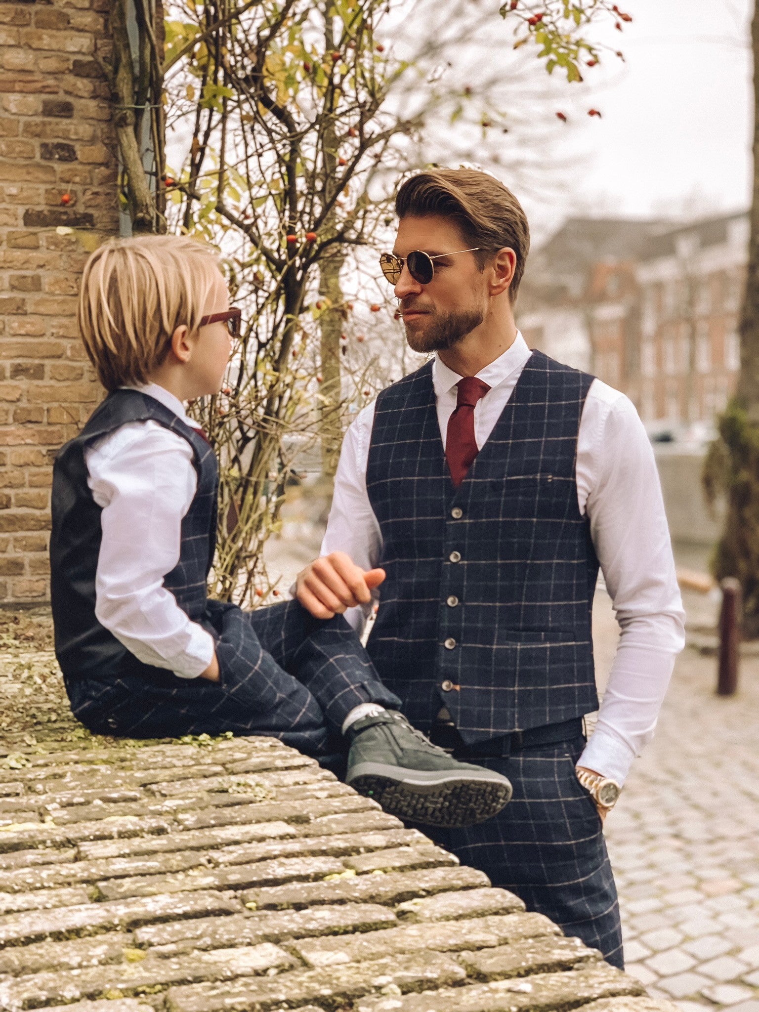 Boys Tweed Windowpane Check Slim Fit Suit - SHELBY - Navy Blue