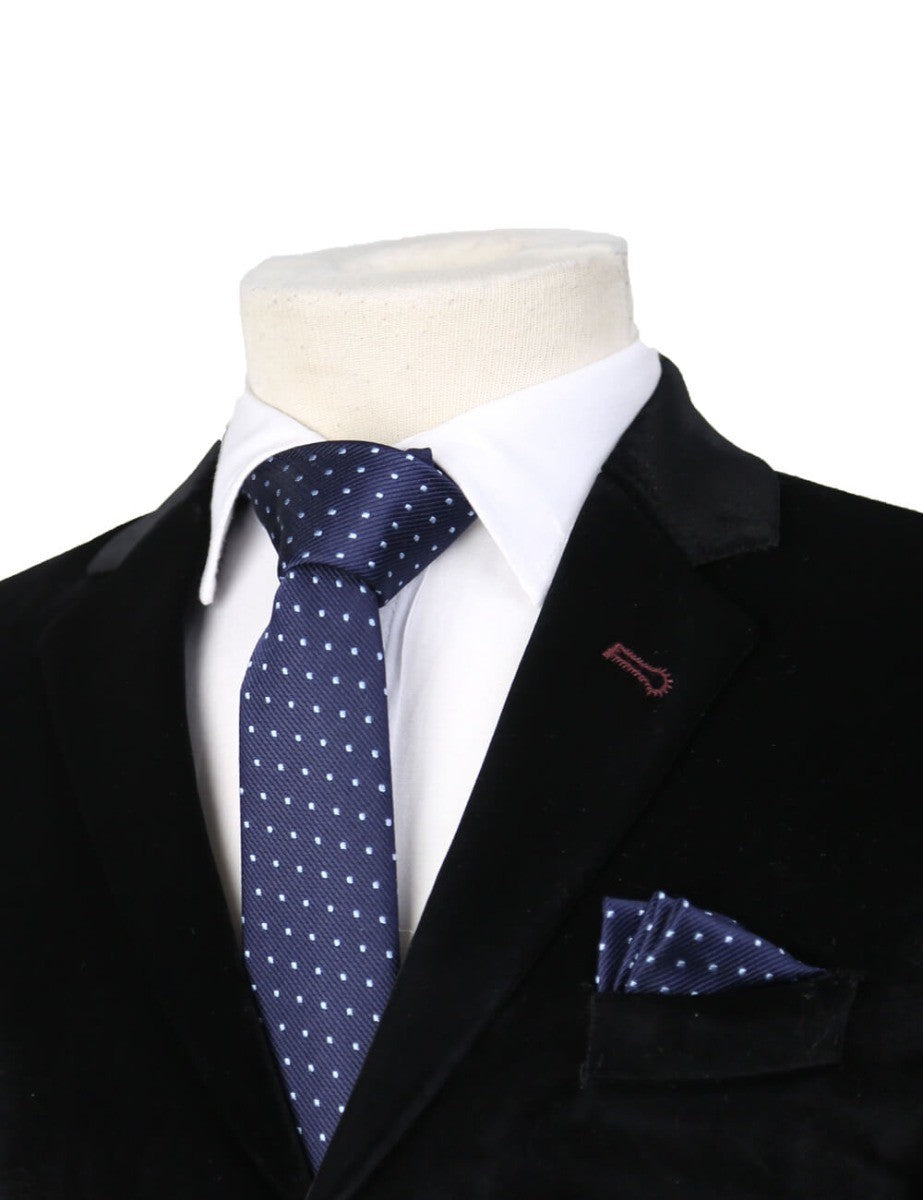 Ensemble Cravate et Pochette Formels à Motifs Mixtes pour Garçon – Bleu Marine à Pois