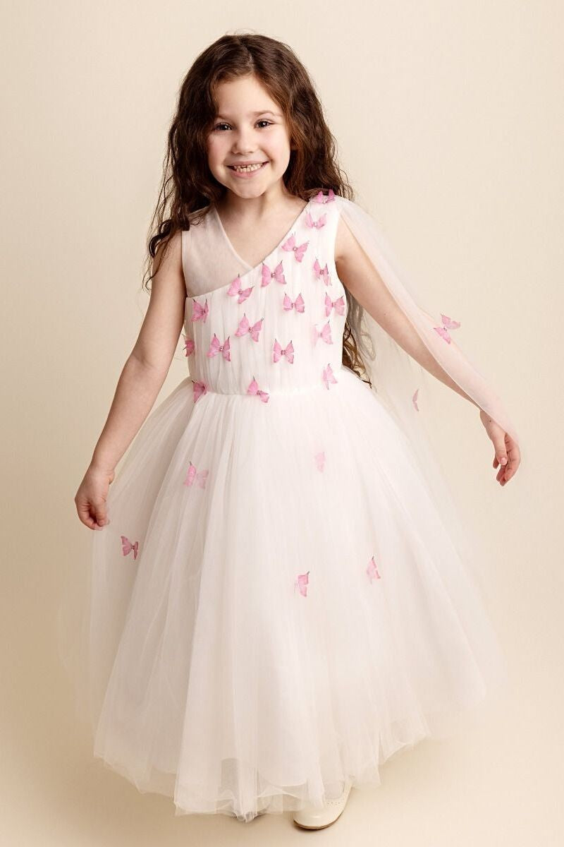 Girls Tulle Dress with Butterfly Appliques - PARIS - Pink