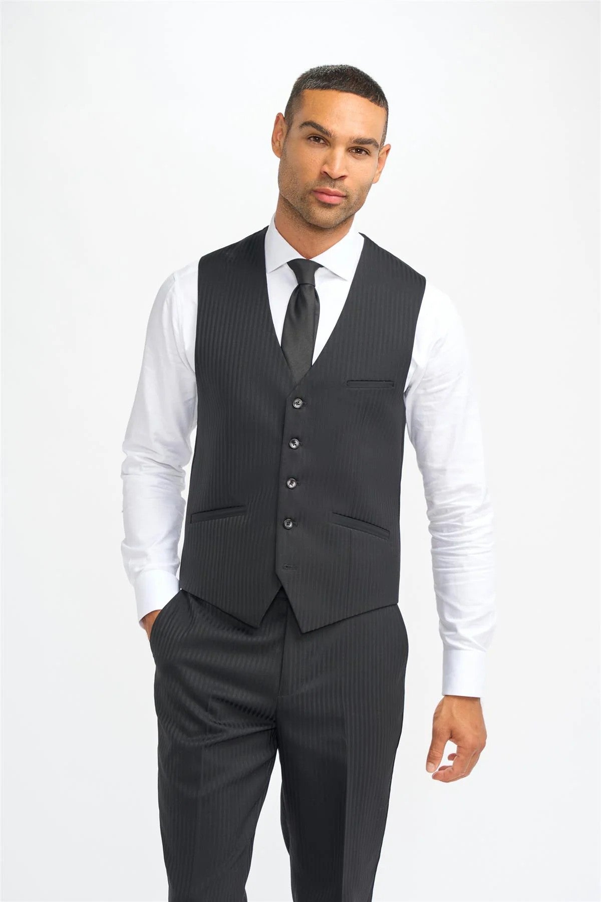 Men’s 3 Piece Black Wool Pinstripe Suit - Roberto - Black