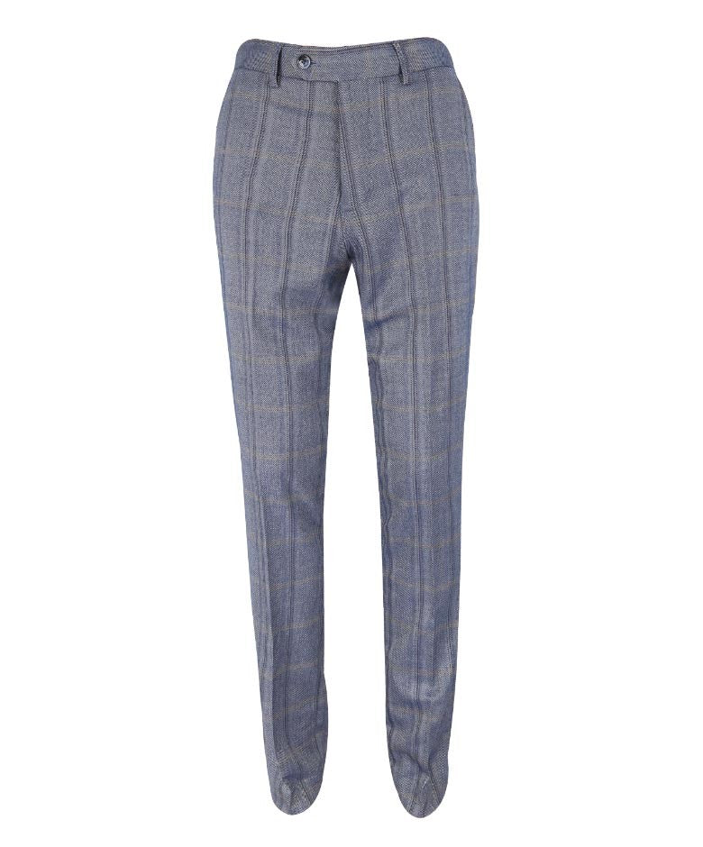 Men's Slim Fit Tweed Check Trousers- Connall Blue - Blue