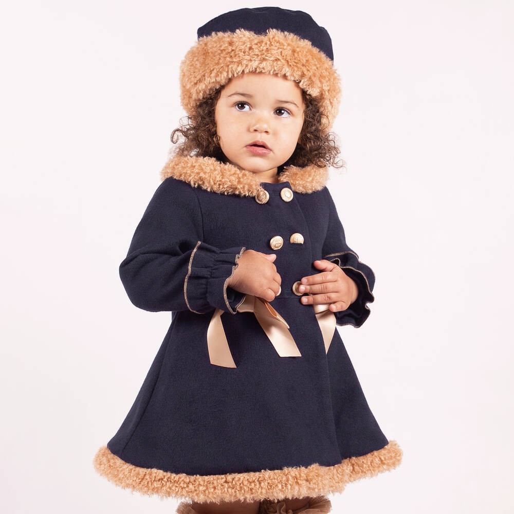 Girls Double-breasted Mid-Length Felted Wool Coat Set - Navy Blue