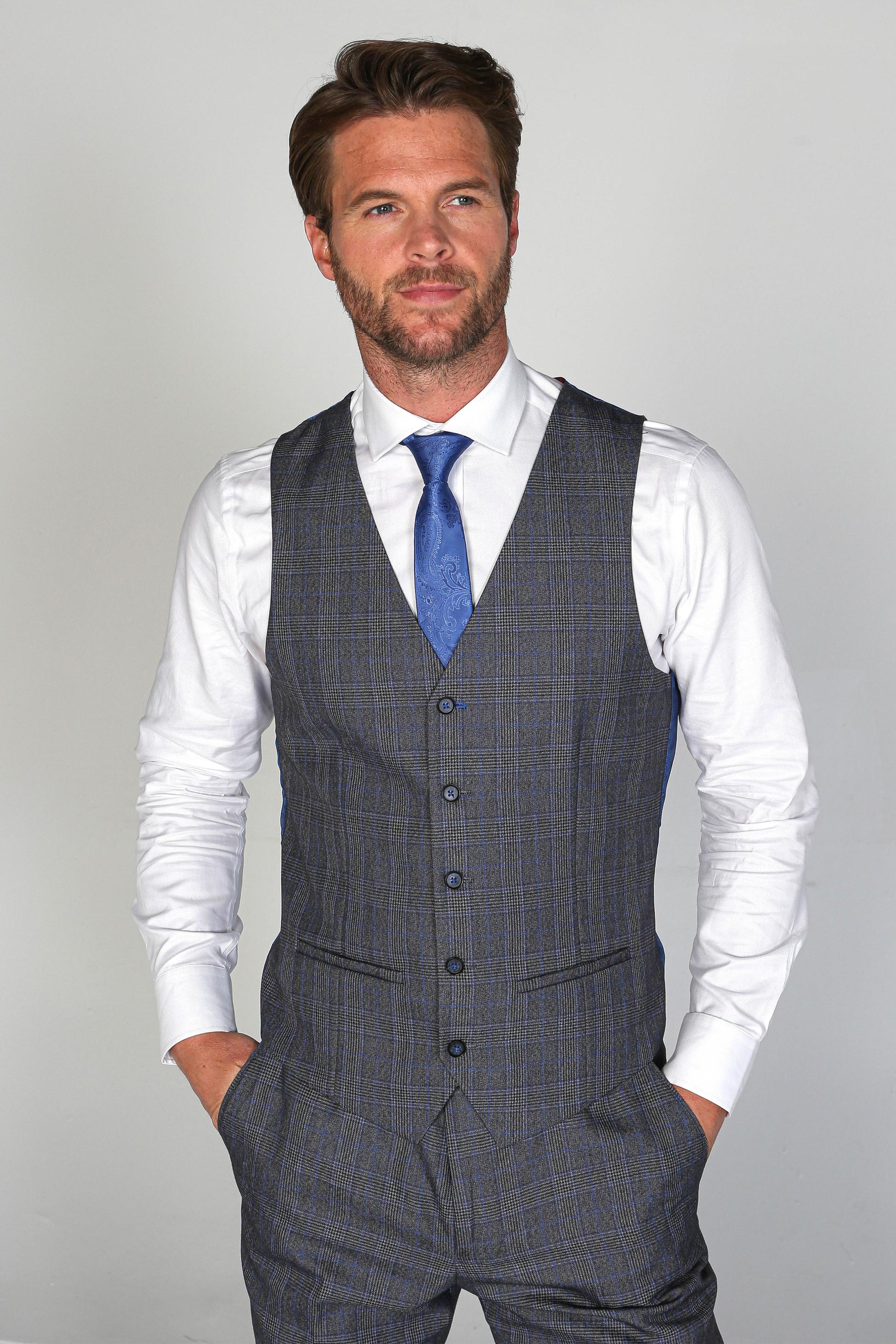 Costume Formel Texturé à Carreaux Tailored Fit pour Hommes - HENRY - Gris - Bleu