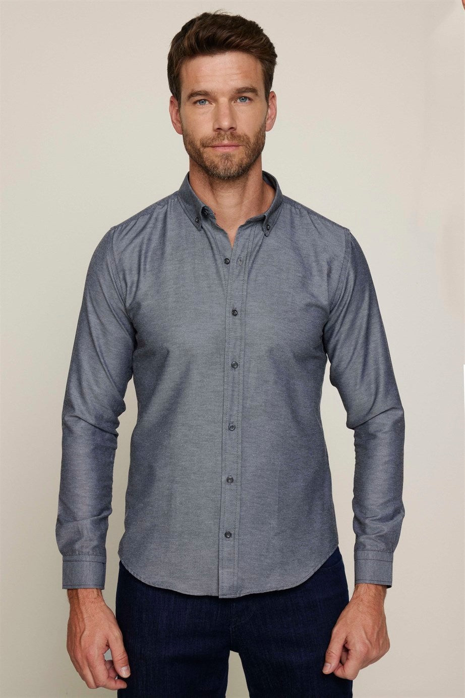 Chemise en coton ajustée à col boutonné - GABARDIN - Gris