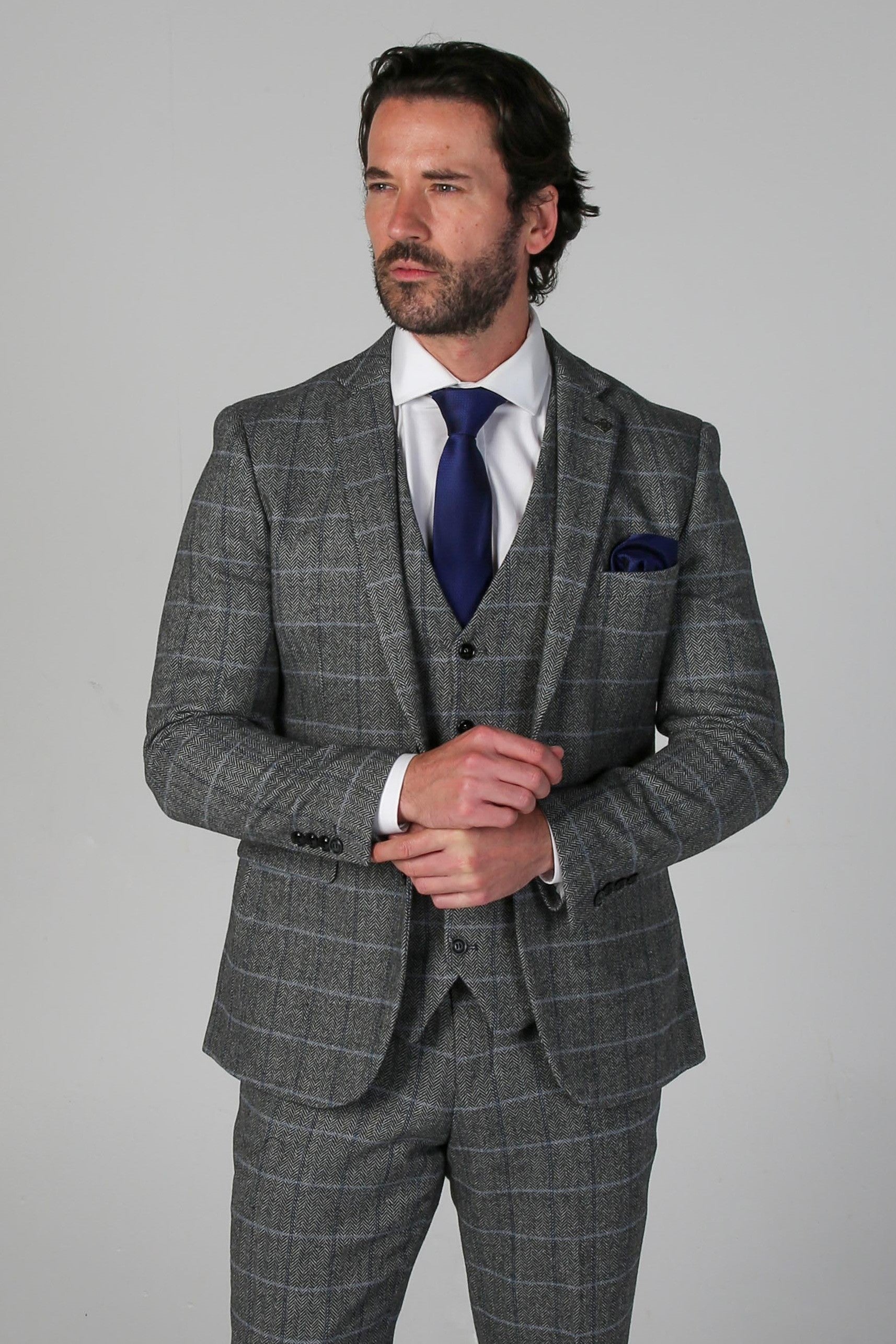 Veste de Costume Retro en Tweed à Motif Windowpane pour Homme - HARRIS - Gris