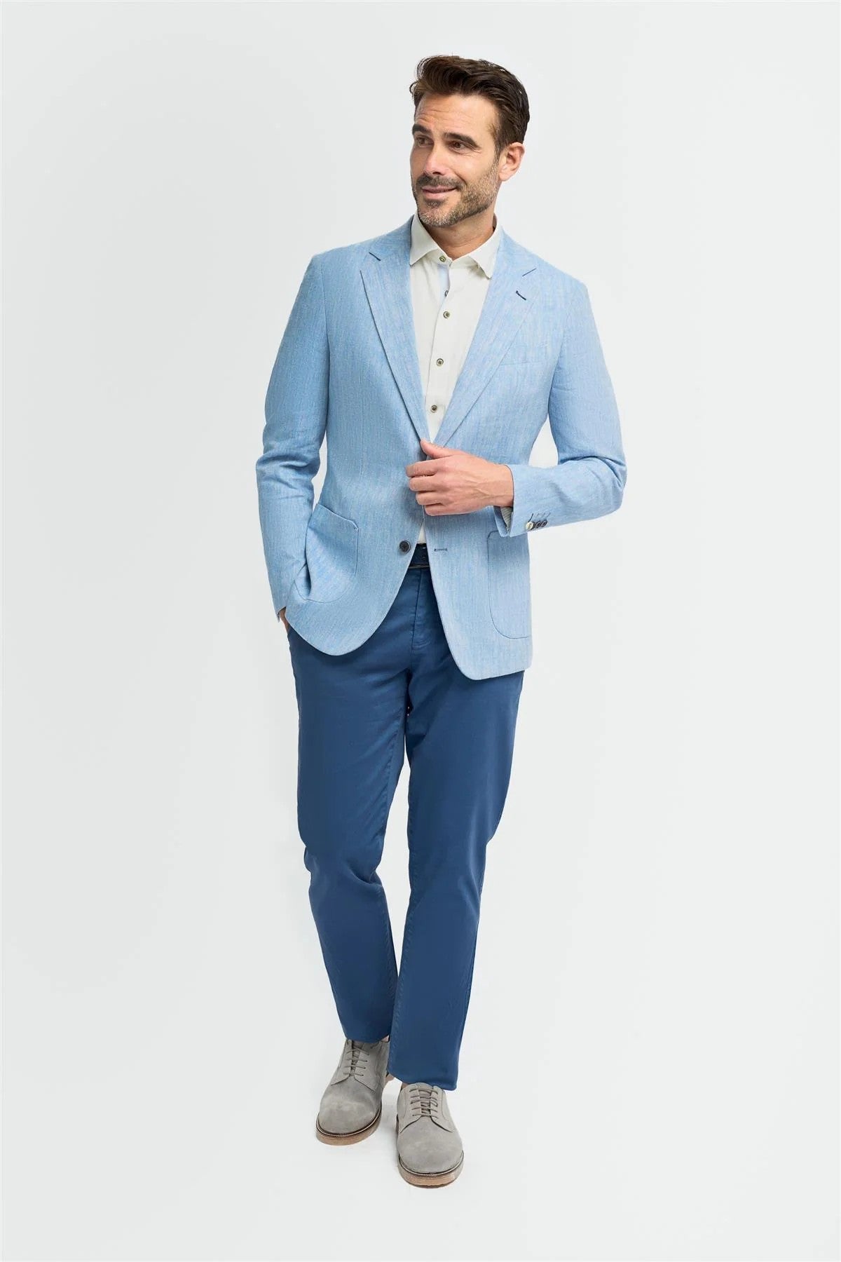 Blazer en lin à poche à rabat en herringbone pour hommes - Luigi - Bleu Ciel