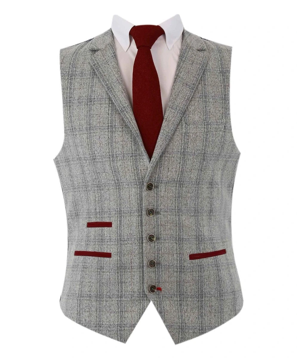 Men's Tweed Check Slim Fit Grey Waistcoat - ANDREW - Grey