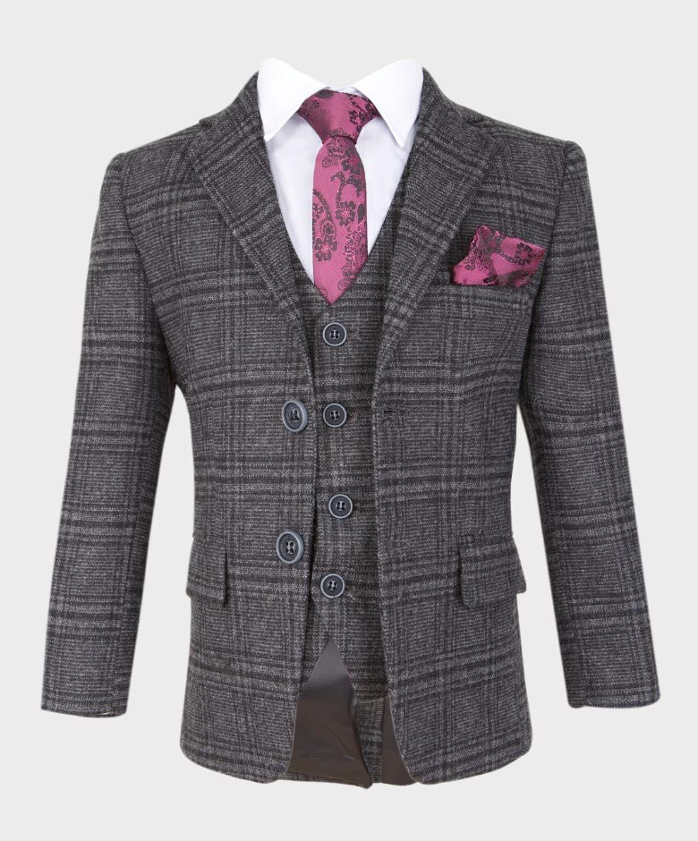 Costume en Tweed à Carreaux Tailored Fit pour Garçons - HURRICANE - Gris Charbon