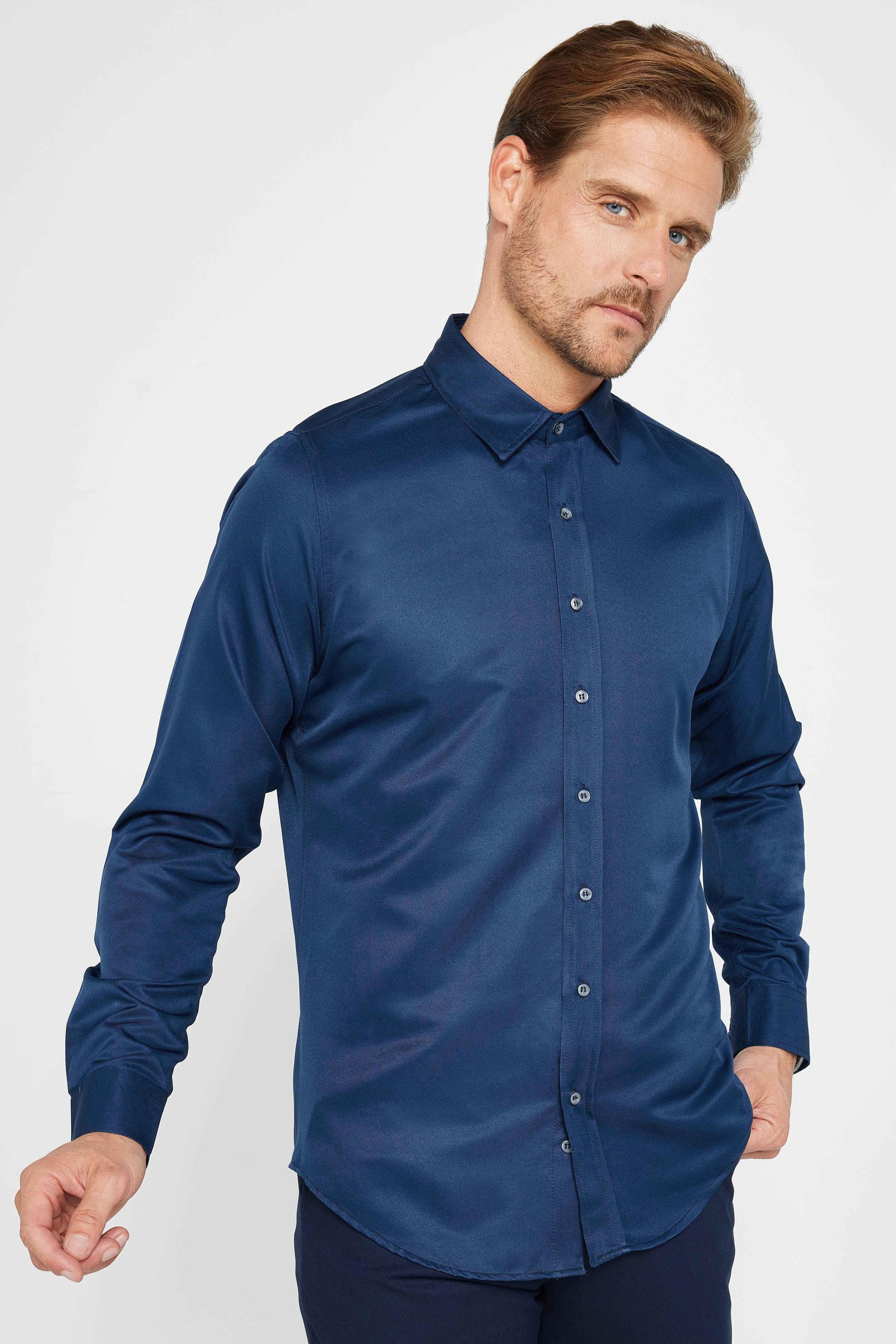 Men's Slim Fit Long Sleeve Dress Shirt - POLY - Navy Blue