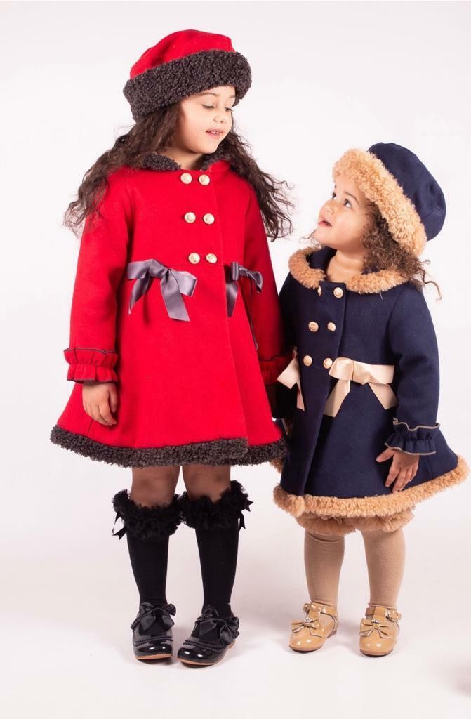 Girls Double-breasted Mid-Length Felted Wool Coat Set - Red