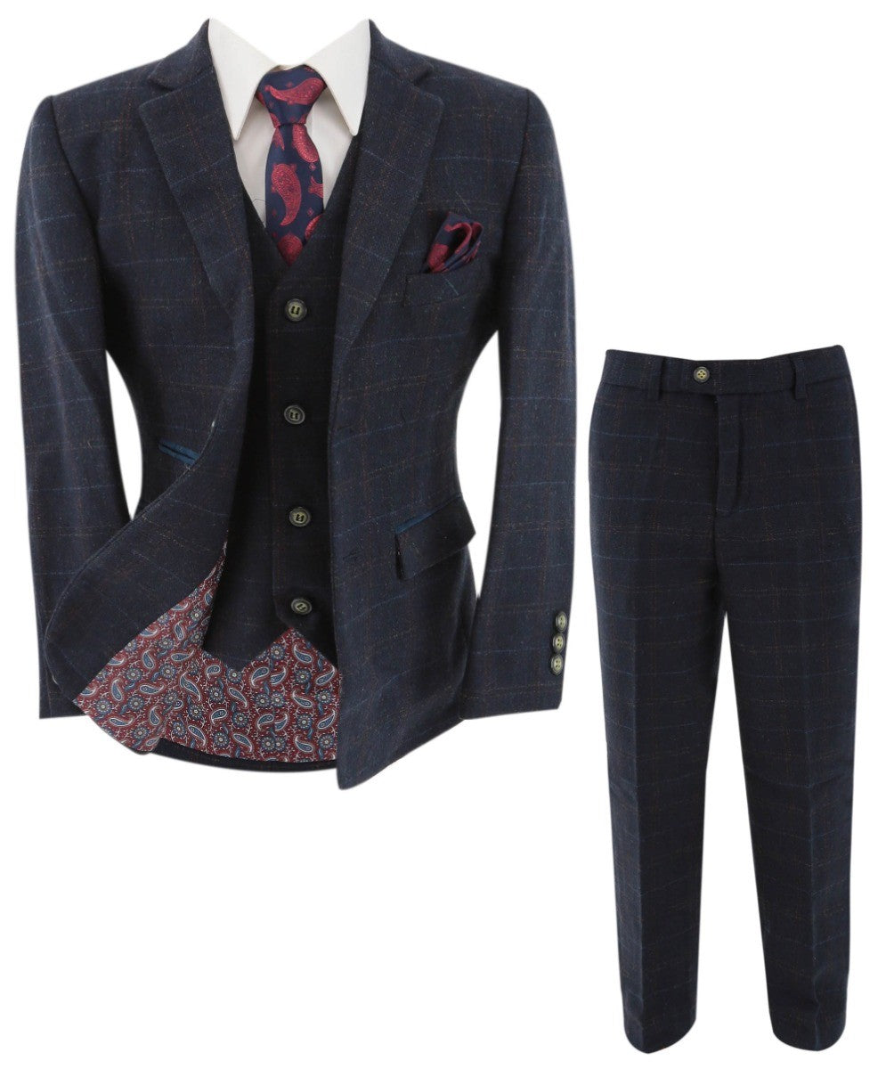 Costume en Tweed à Carreaux Windowpane Tailored Fit pour Garçons - Ryan Bleu Marine - Bleu Marine