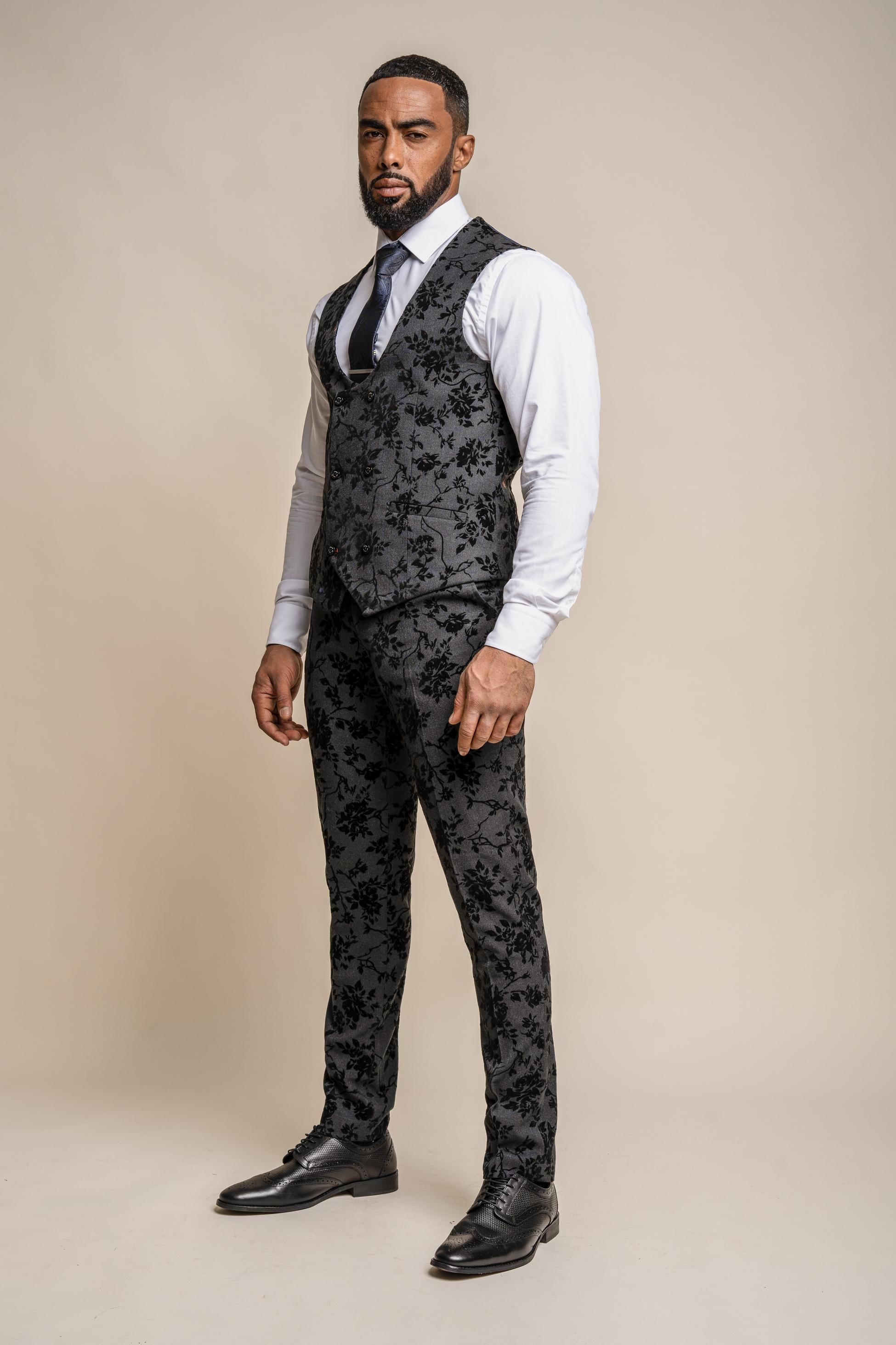 Men's Black Velvet Floral Embroidered Waistcoat - GEORGI - Black