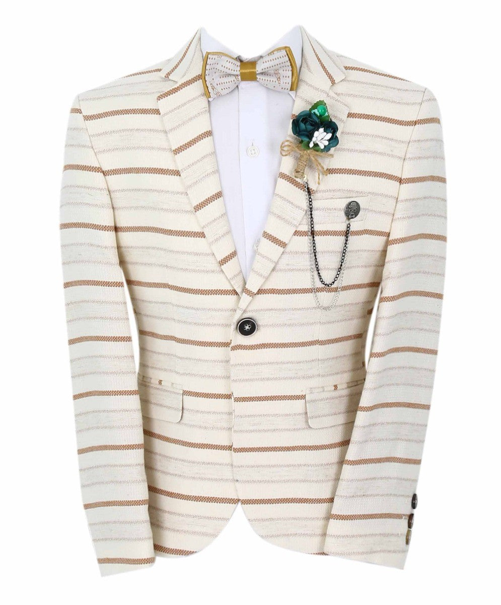 Boys Slim Fit Striped Blazer - Beige - Brown