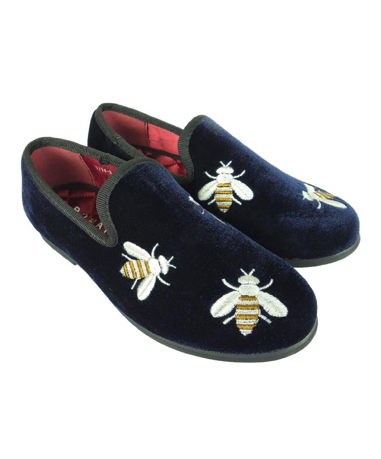 Mocassins en Velours Brodés d'Abeilles pour Garçons - Bleu Marine