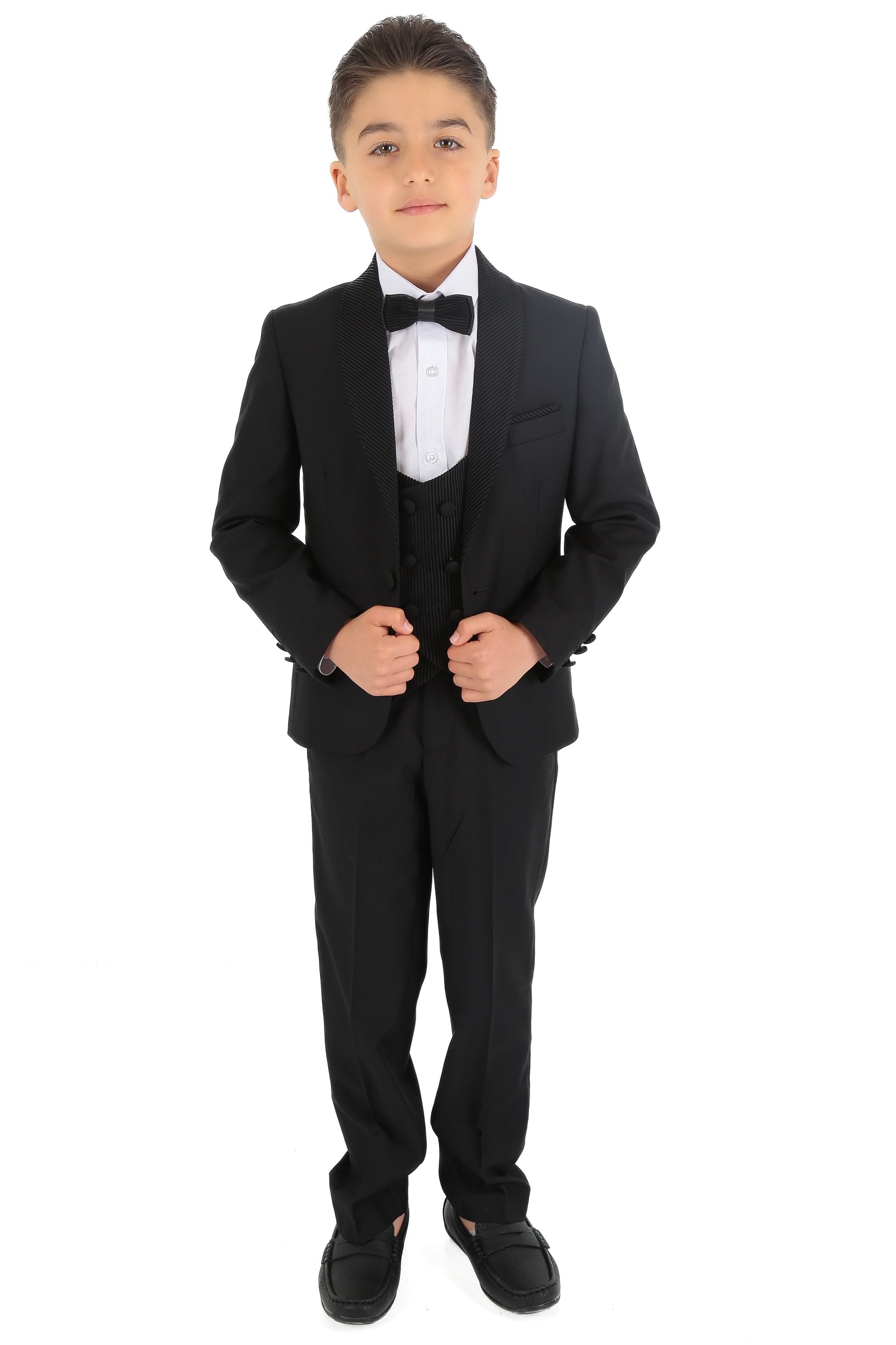 Costume Tuxedo avec Gilet en Velours Côtelé et Revers Shawl pour Garçons - Noir