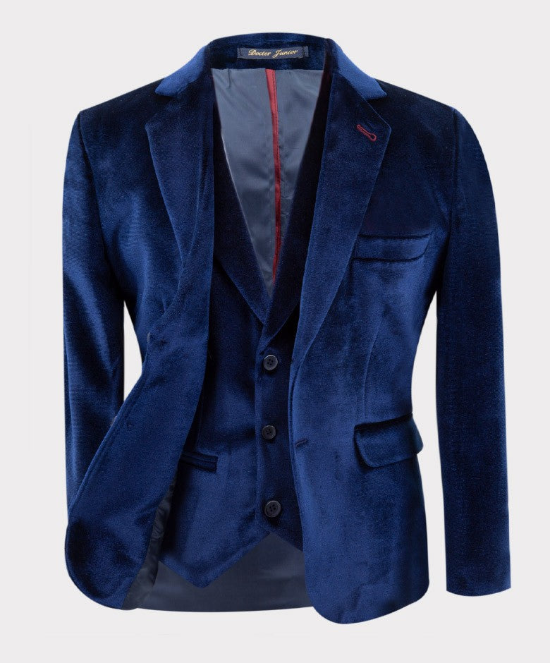 Jungen Maßgeschneiderter Samt Blazer mit Ellbogenpatches - Marineblau