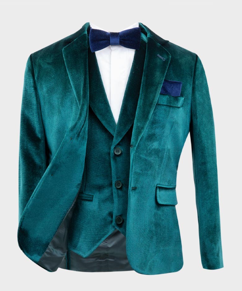 Boys Tailored Fit Velvet Blazer with Elbow Patches - Green