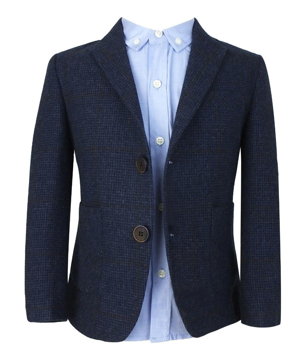 Jungen Fischgrät Windowpane Wollanzug - Marineblau - Braun