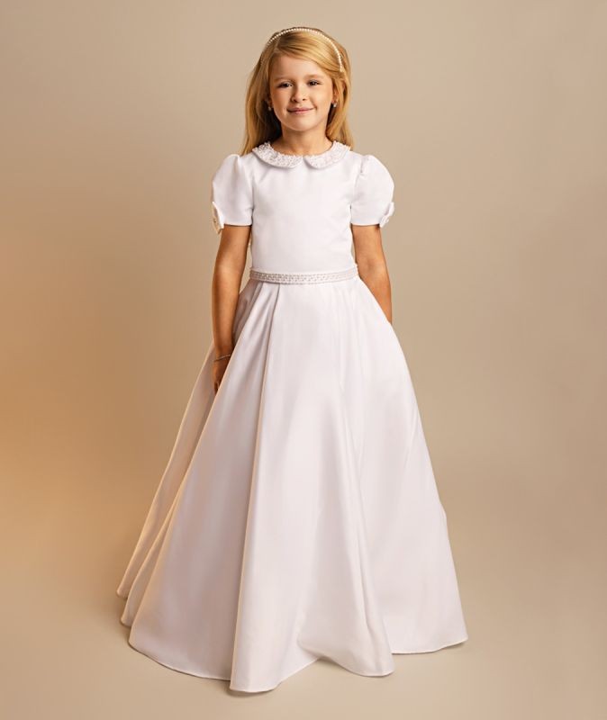 Girls’ White Puff Sleeve Communion Dress with Peter Pan Collar - LOTTIE - White