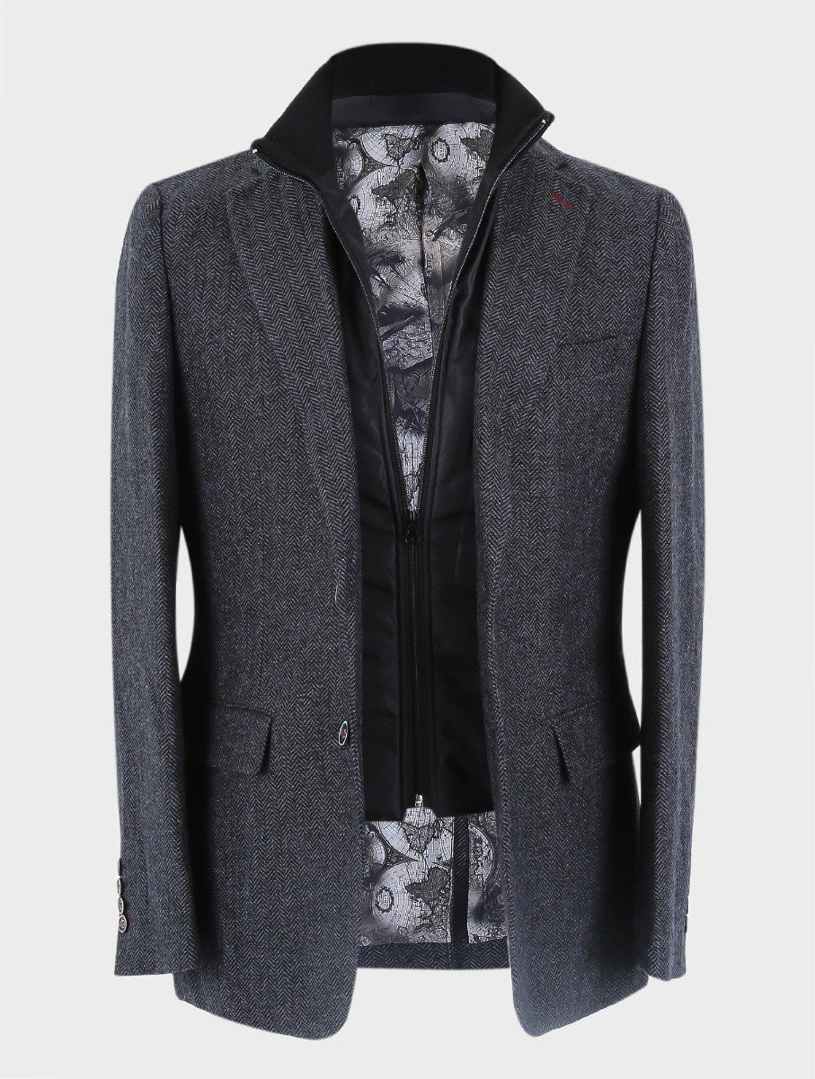 Men's Wool Herringbone Tweed Coat with Removable Zipper - Alexander - Black