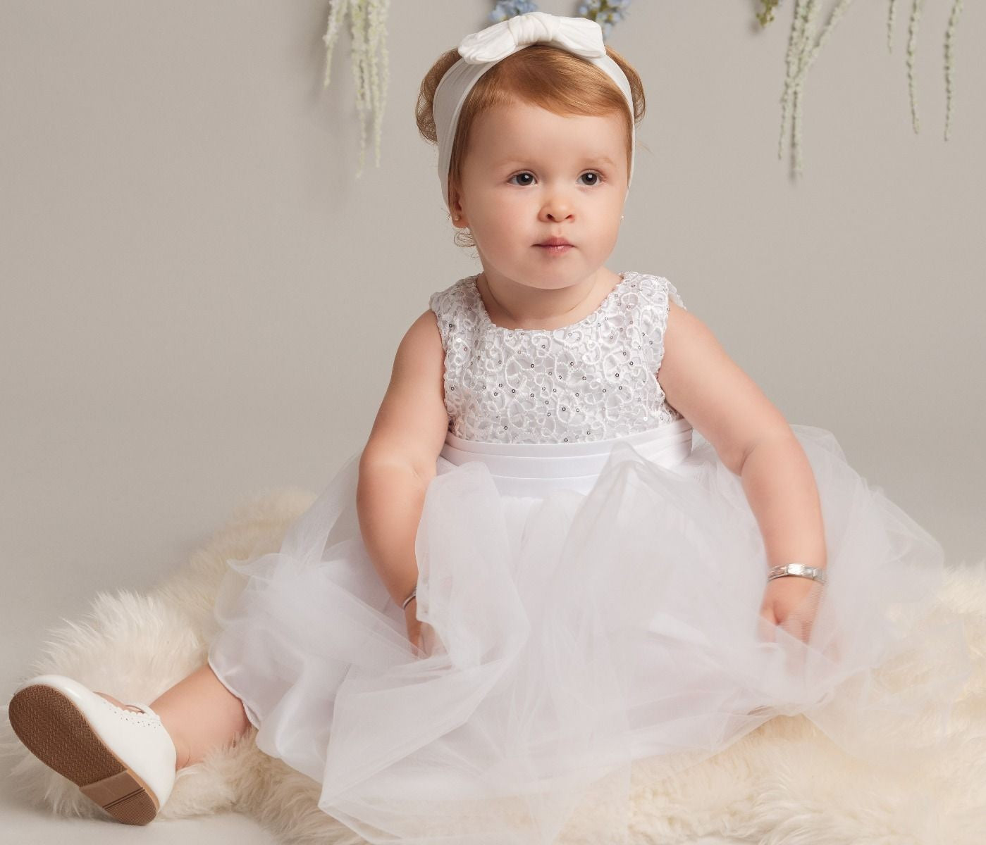 Baby Mädchen Kleid mit Blumenoberteil & Schleife - PC-1025 - Elfenbein