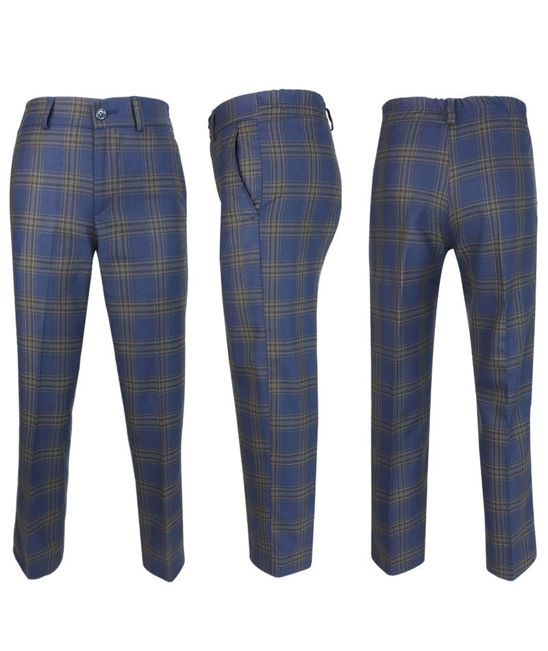 Costume en Tweed à Carreaux Windowpane Tailored Fit pour Garçons - Bleu Marine - Marron