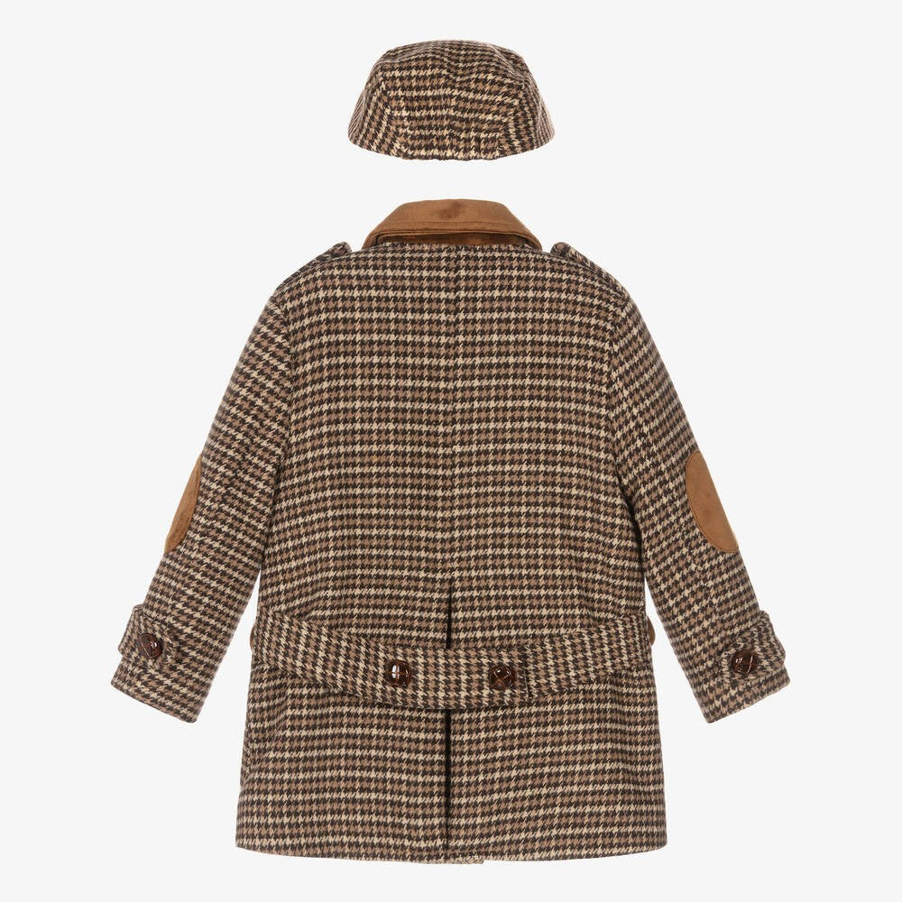 Ensemble Manteau en Tweed à Pied-de-Poule avec Casquette pour Garçons - Marron