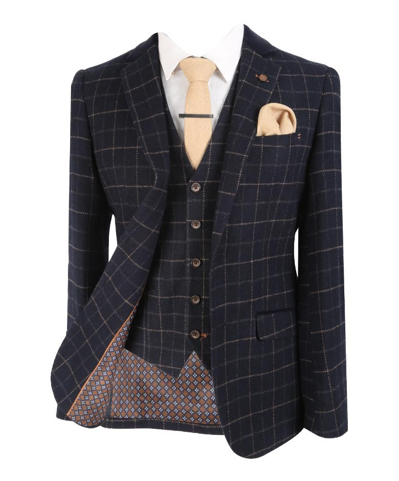 Men's Tweed Check Slim Fit Navy Suit- SHELBY - Navy Blue