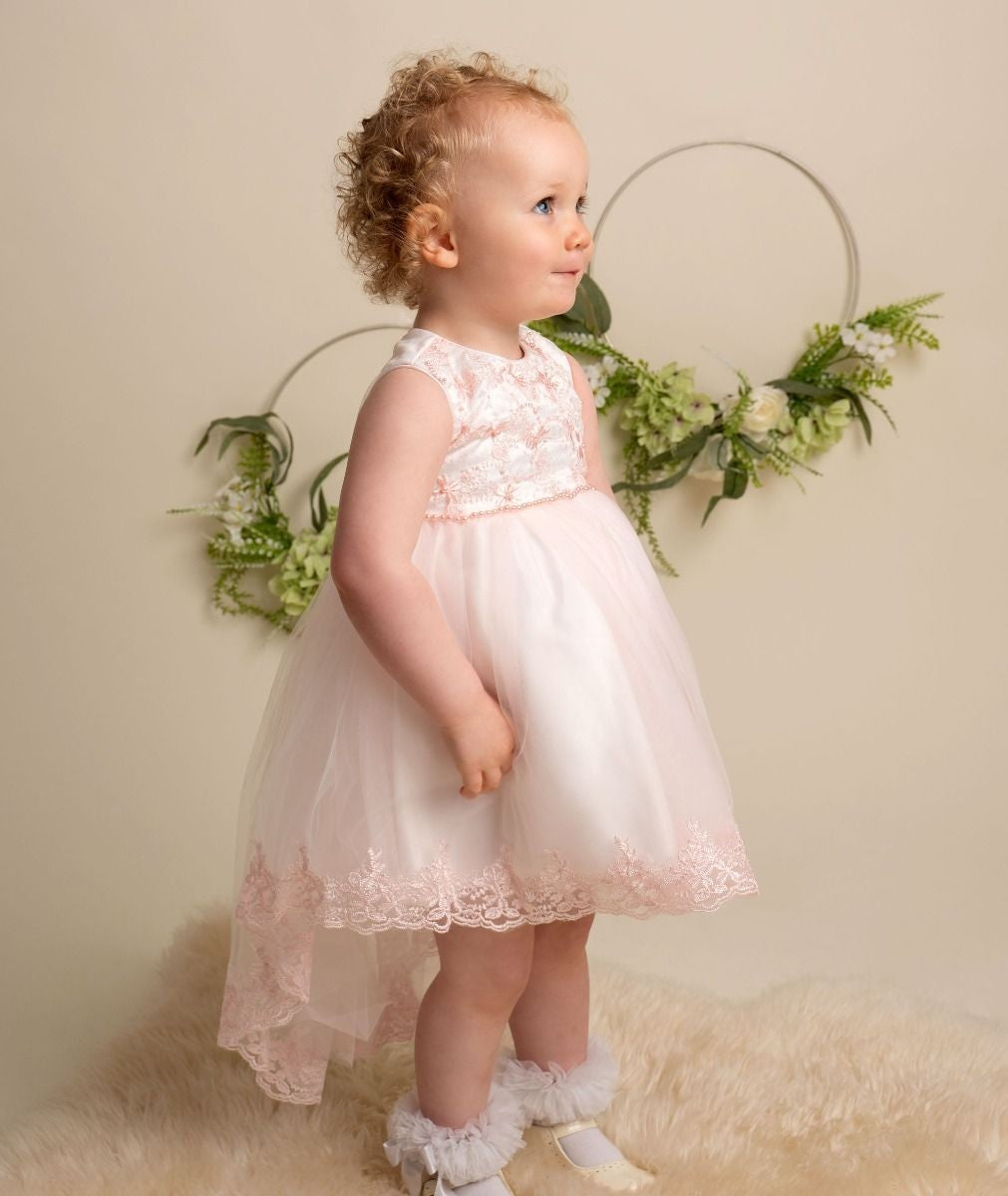 Robe en dentelle à jupe asymétrique pour bébés et filles - KHOLE - Rose Blush