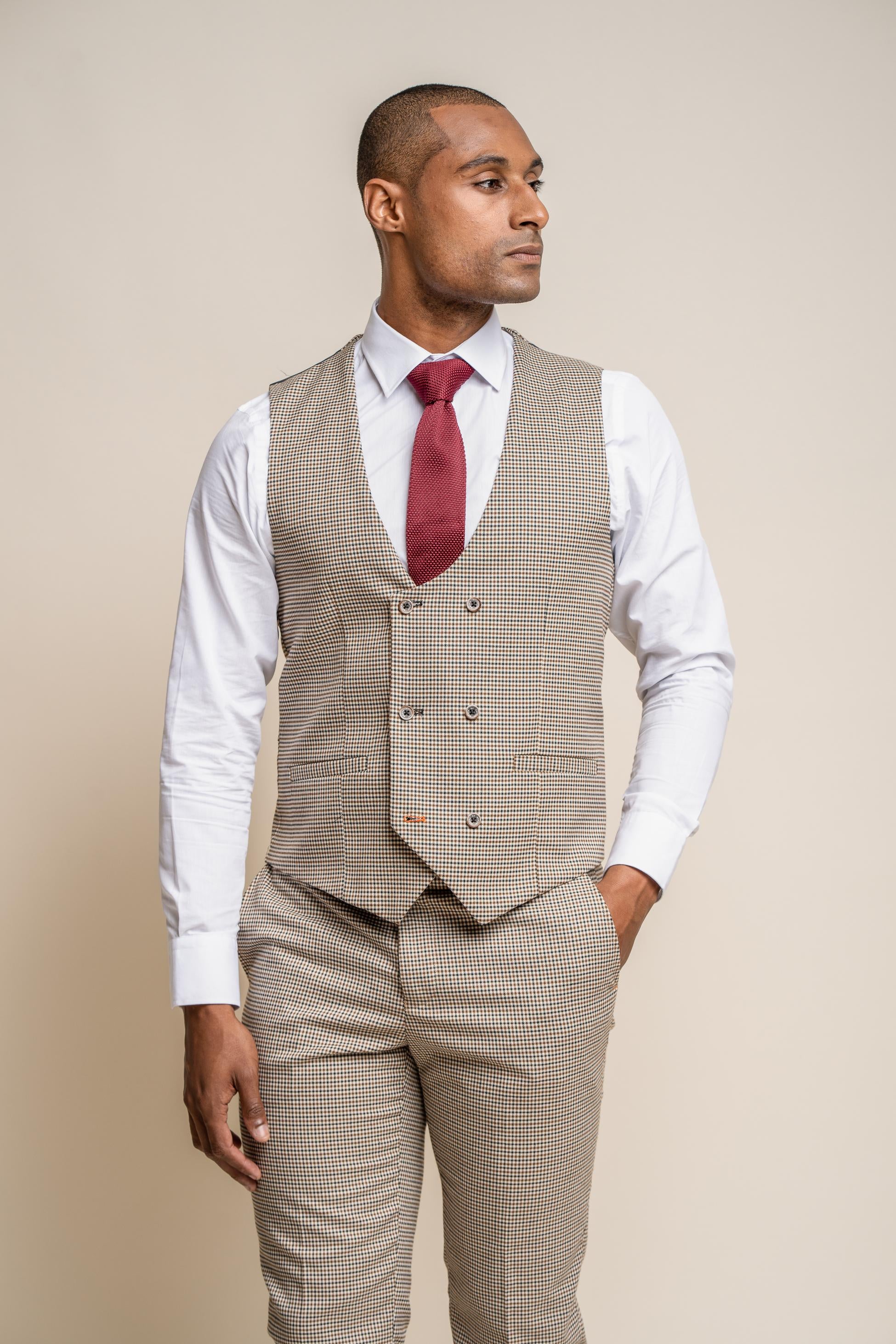 Men's Houndstooth Check Skinny Fit Waistcoat - ELWOOD - Tan Brown