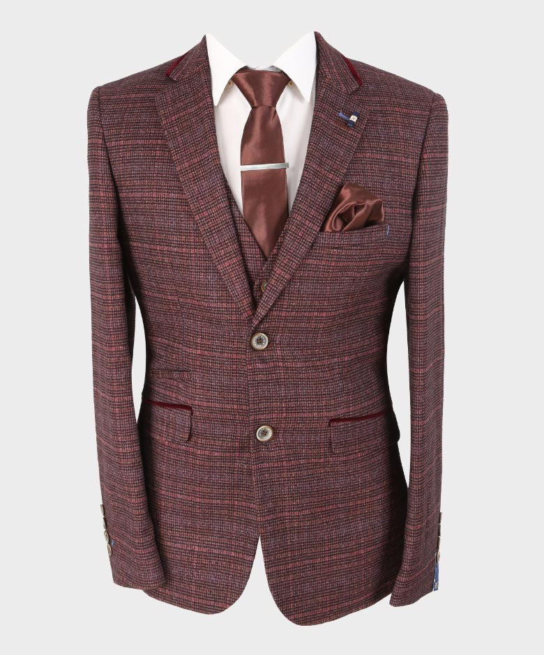 Herren Slim Fit Retro Tweed Blazer - CARLY - Weinrot