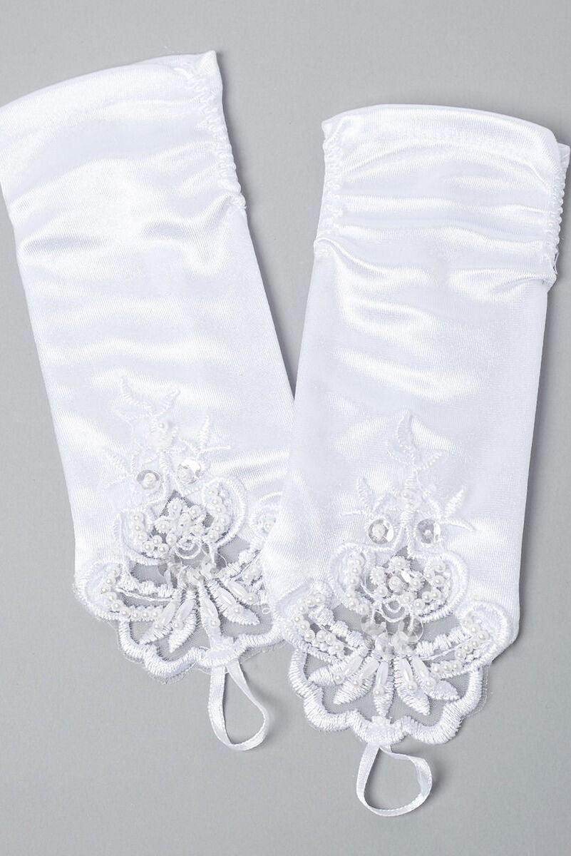 Girls' White Finger Loop Lace Satin Gloves - DIANE - White