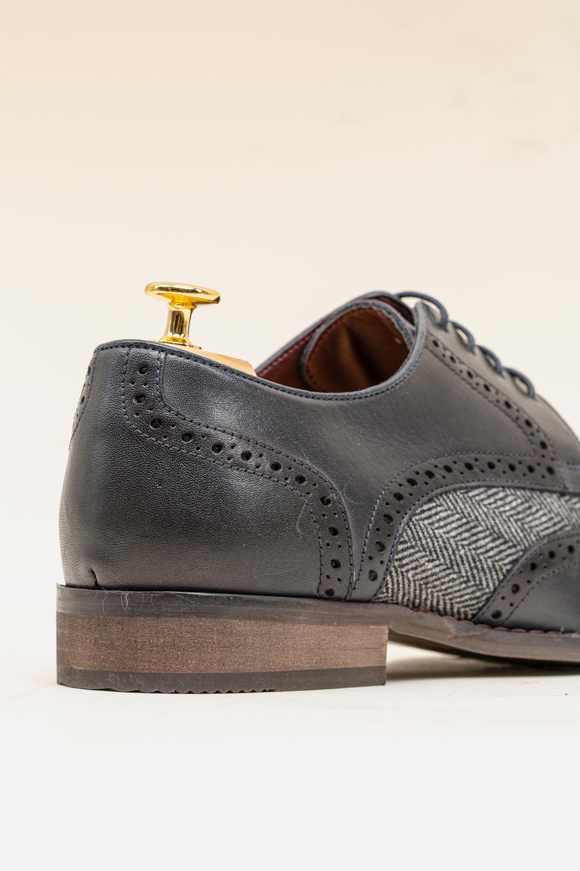 Chaussures Brogue en Cuir Véritable et Tweed pour Homme - FARO - Bleu Marine