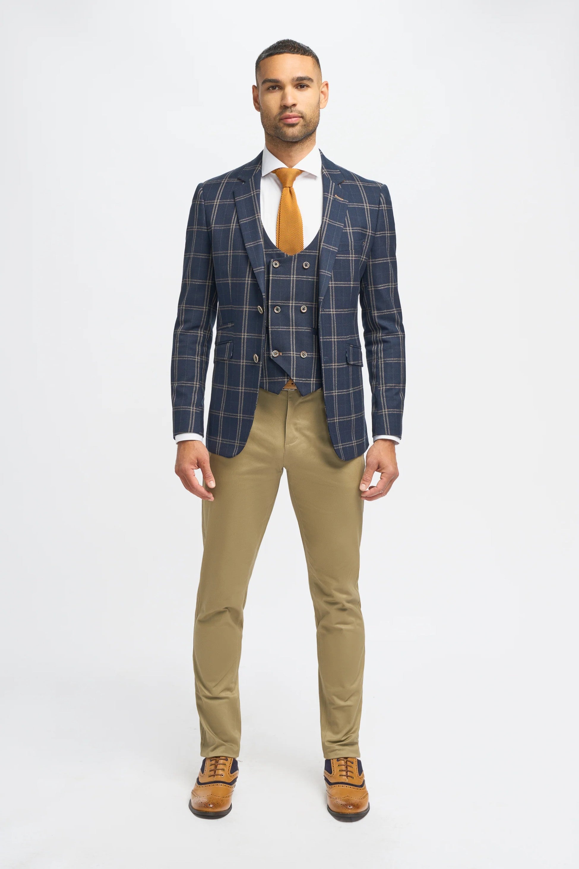 Men's Navy Blue Hardy Check Suit Jacket and Double-Breasted Waistcoat with Casual Stone Beige Cotton Chino Trousers - Navy Blue - Stone Beige