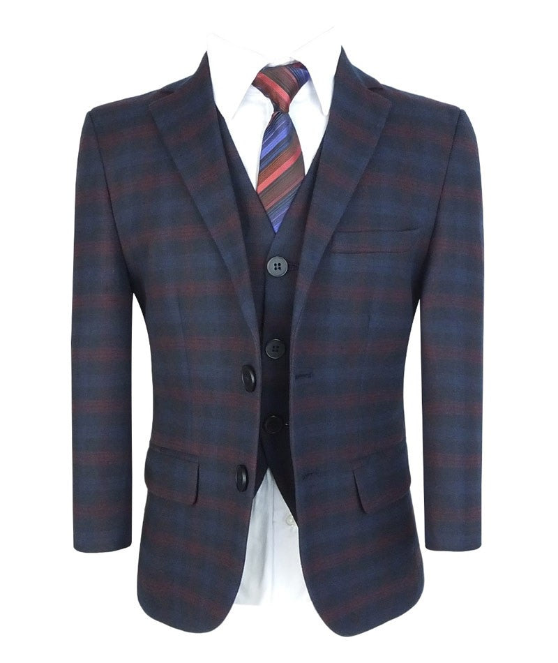 Boys Tailored Fit Retro Check Navy Suit - Navy Blue - Red