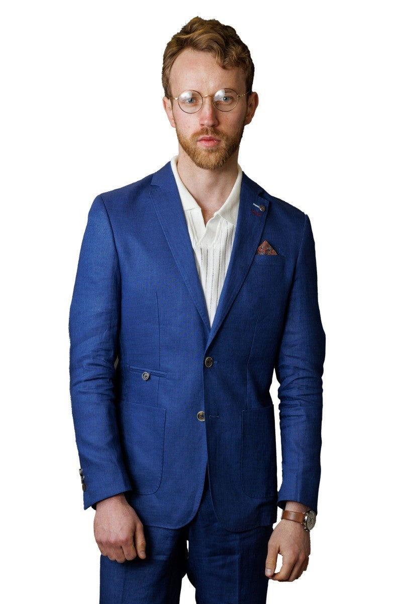 Men's Slim Fit Linen 2 Piece Suit Set - Navy Blue