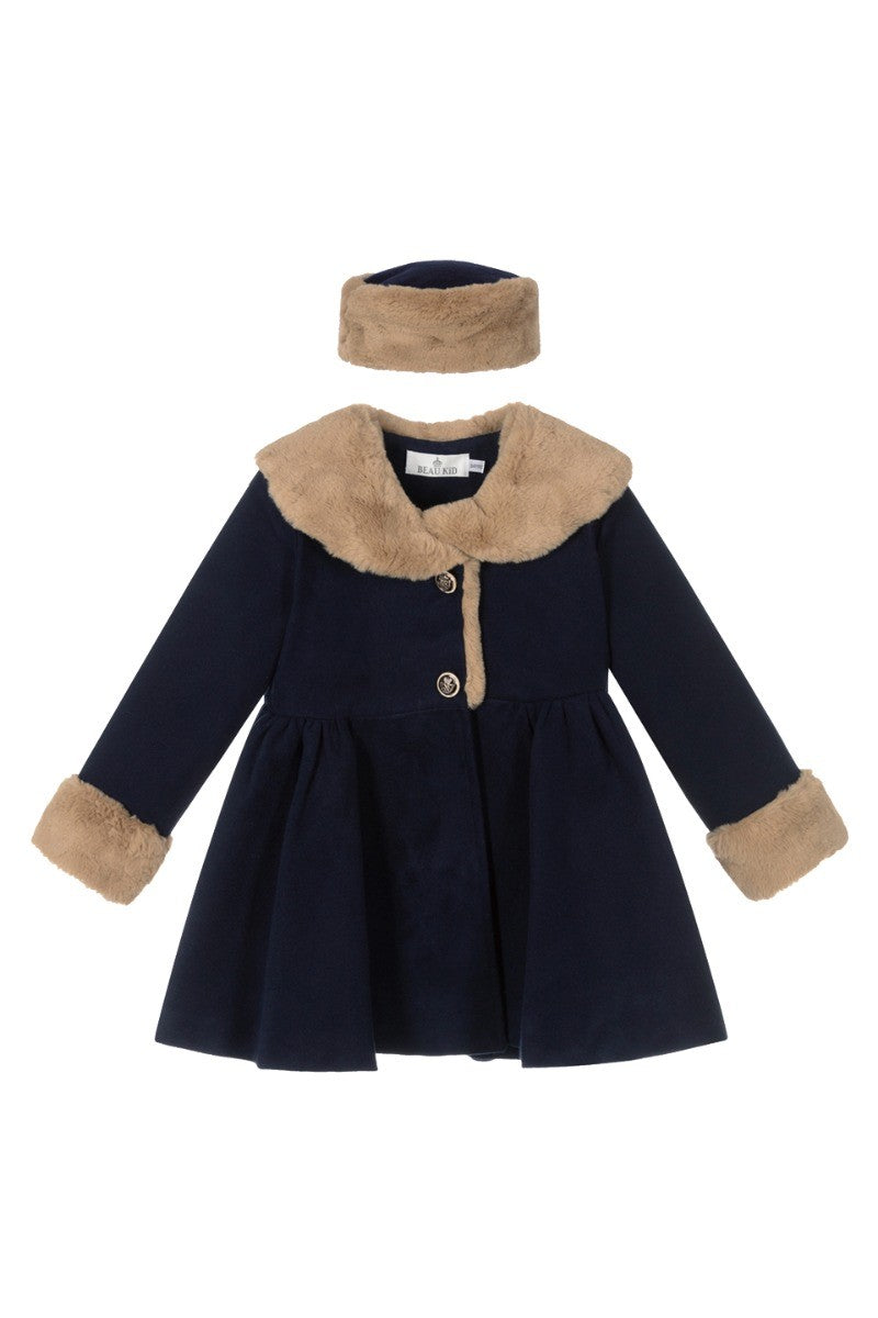 Ensemble Manteau Midi en Fourrure 2 Pièces pour Filles - Bleu Marine