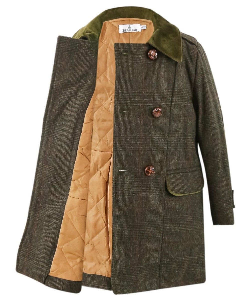 Manteau Mi-Long à Carreaux en Tweed pour Garçons - Vert Olive