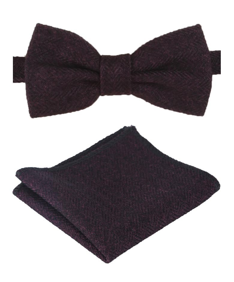 Ensemble Nœud Papillon et Mouchoir de Poche en Tweed à Motif Chevron pour Garçons et Hommes - Violet