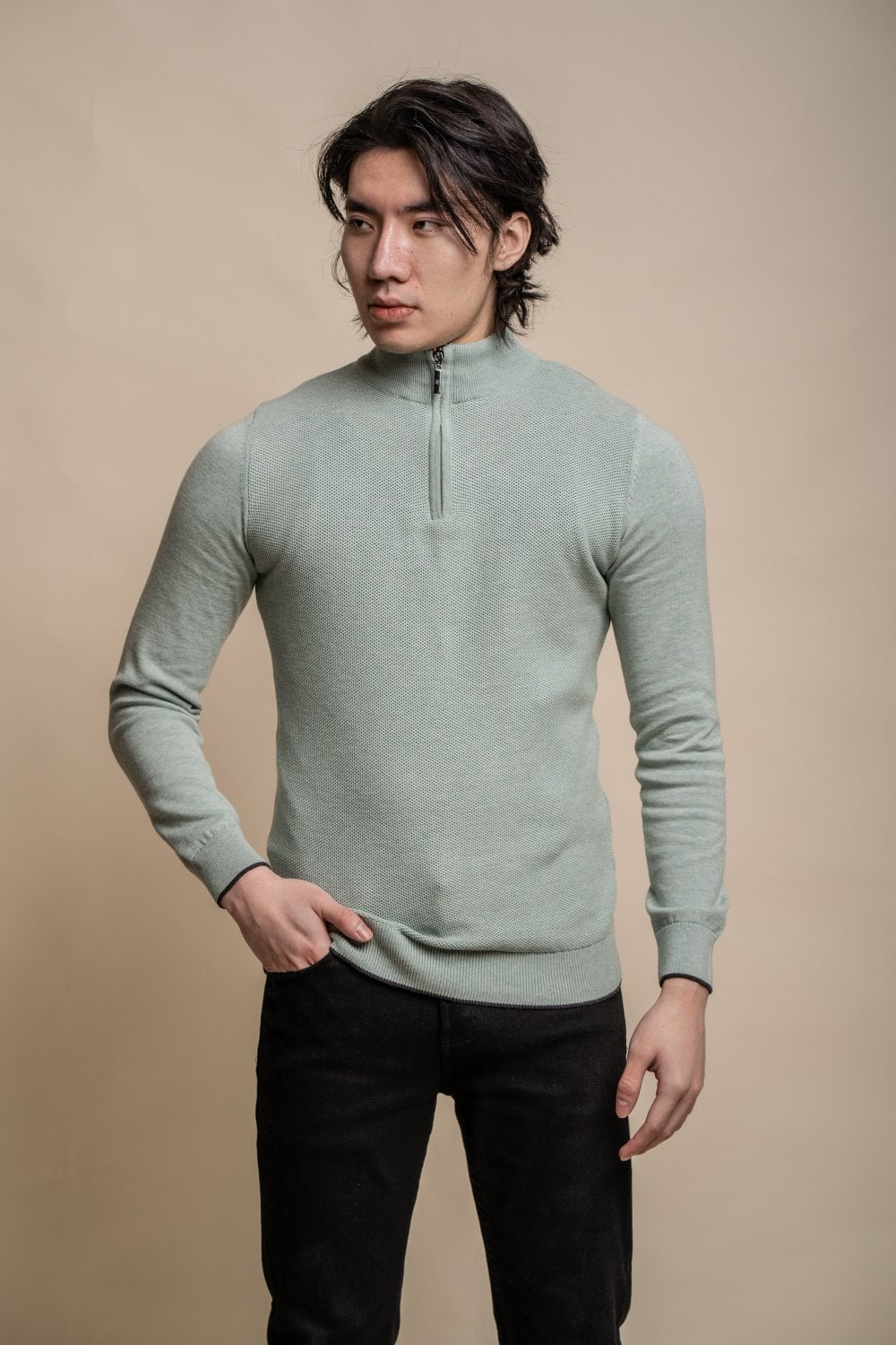 Herren Halbzip Baumwoll Pullover - KYLE - Mandelgrün