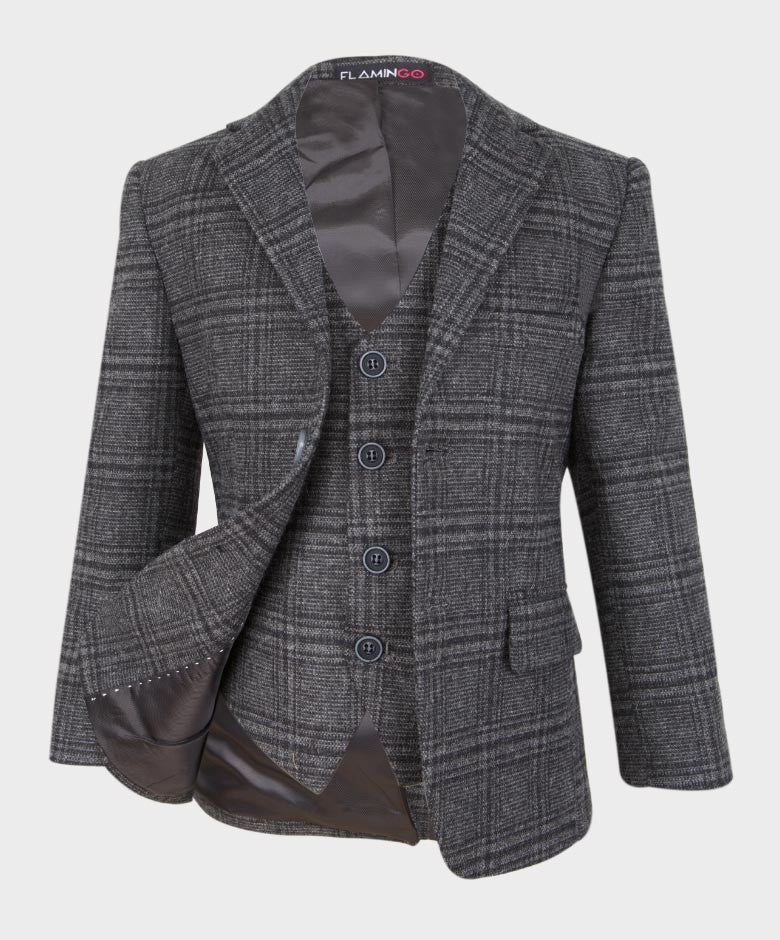 Costume en Tweed à Carreaux Tailored Fit pour Garçons - HURRICANE - Gris Charbon