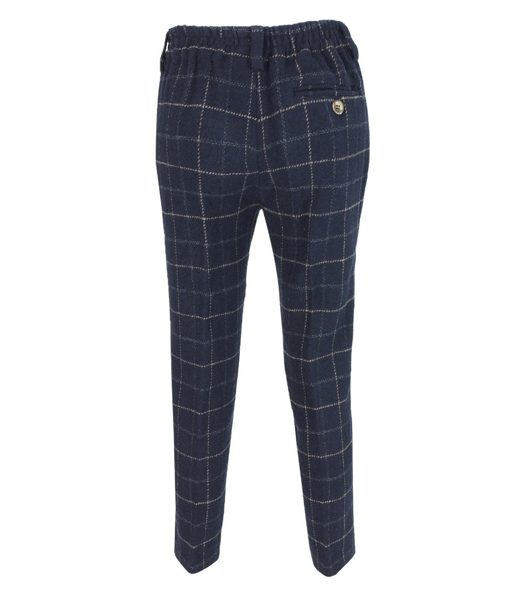 Boys Tweed Windowpane Check Slim Fit Suit - SHELBY - Navy Blue