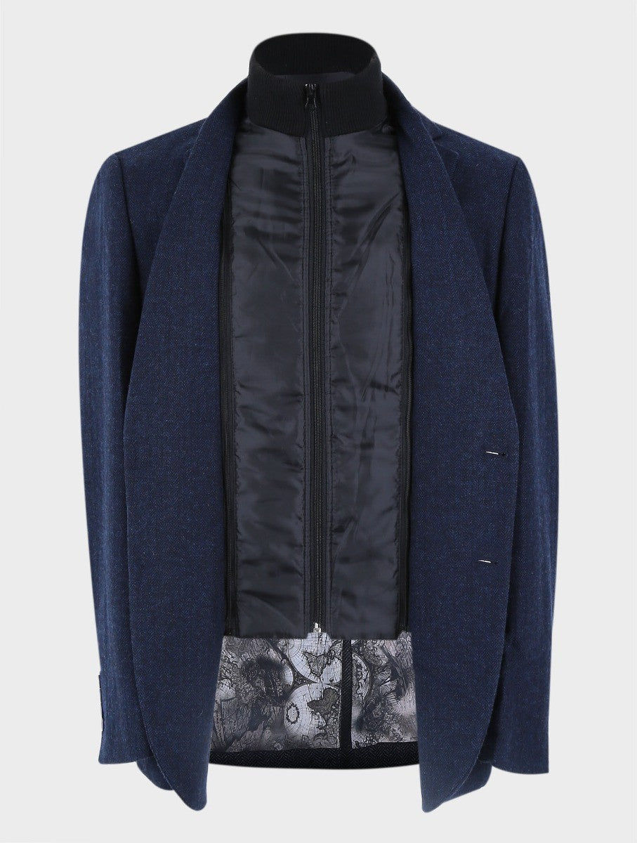 Manteau en tweed à chevrons marine avec zip amovible pour hommes - Bleu Marine