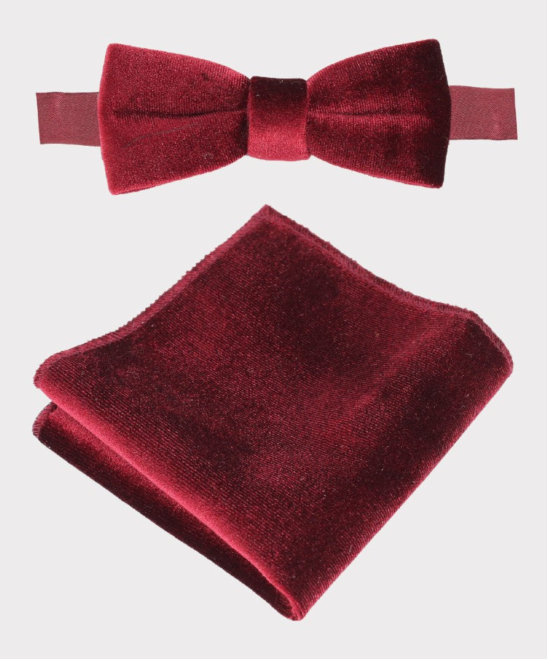 Boys & Men's Velvet Bow Tie and Hankie Set - Claret Red