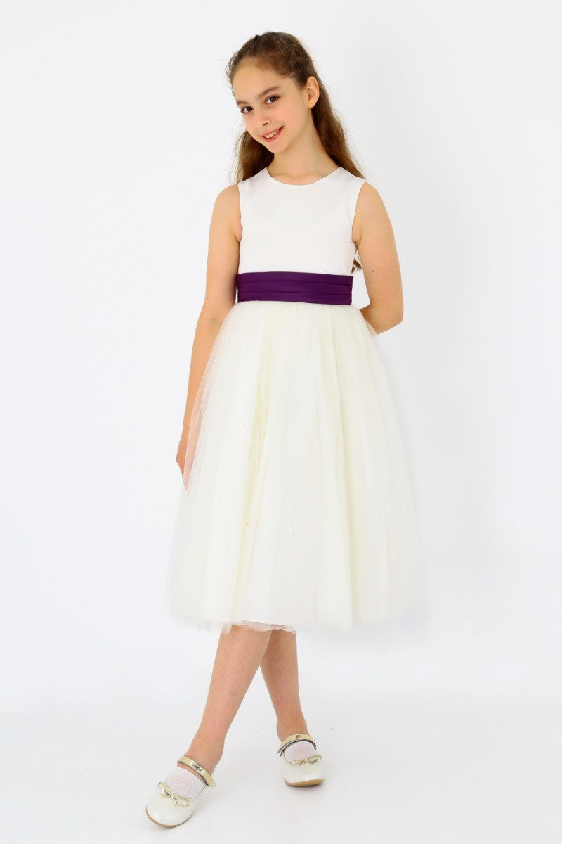 Robe de Communion en Tulle sans Manches pour Demoiselles d'Honneur - Blanc - Violet