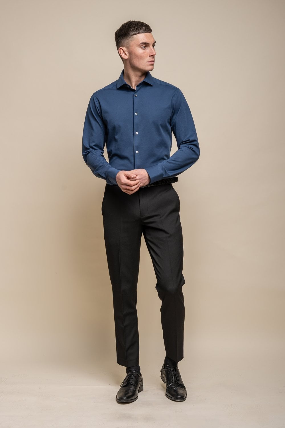 Chemise en coton ajustée à manches longues pour hommes - ASHLEY - Bleu