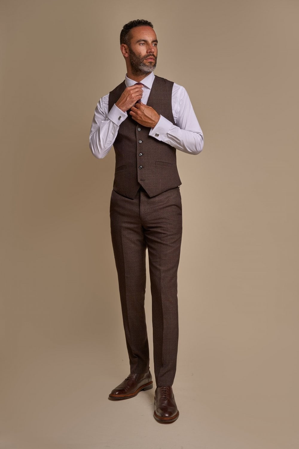 Men's Tweed Check Slim Fit Suit - CARIDI - Brown